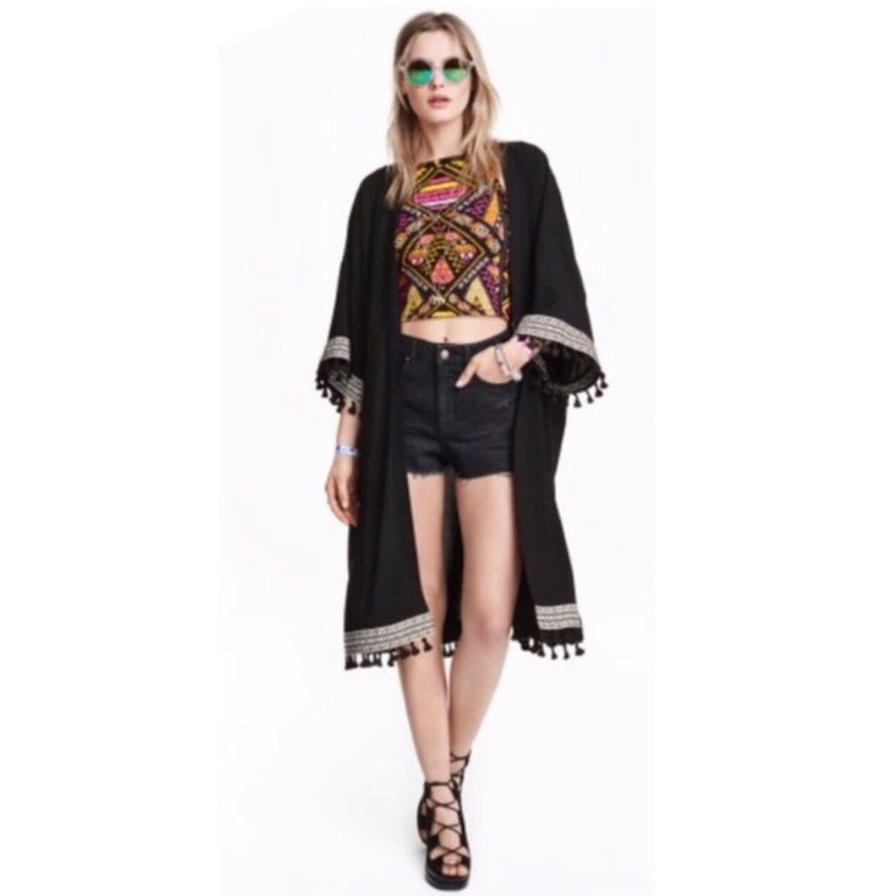 H&M Coachella Black Open Embroidered Fringe Kimono